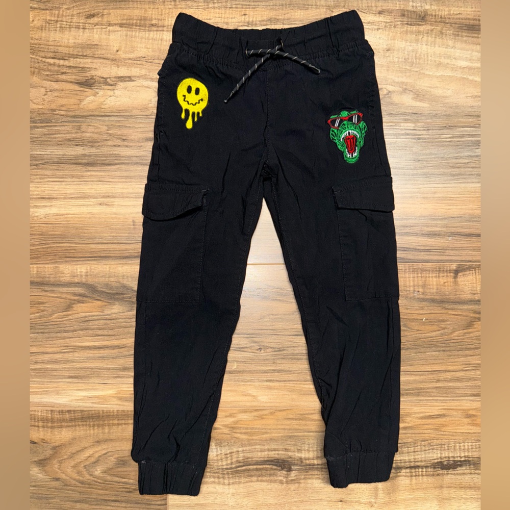 Ring of Fire Black Kids Casual Bottoms with Patches